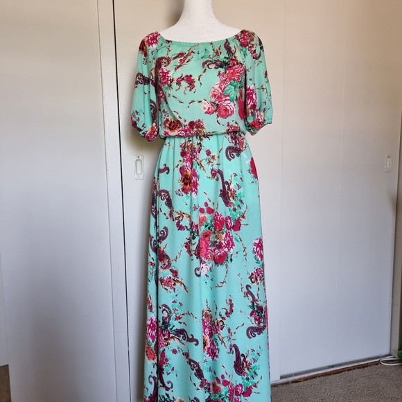 Maxi Dress Gown Sz XS/S floral Mint Color - Picture 3 of 8